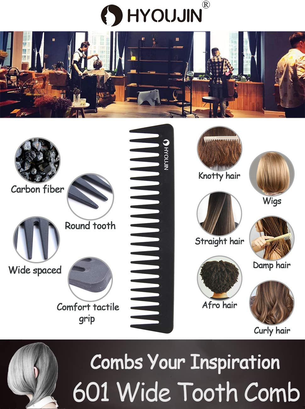 601 Black Carbon Wide Tooth Comb Detangling Comb Detangler Hair Comb for Long Wet Hair Hair Straighten Curly Hair 230℃ Heat Resistan